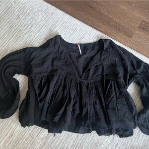 Free People Black Ruffled Long Sleeve Blouse